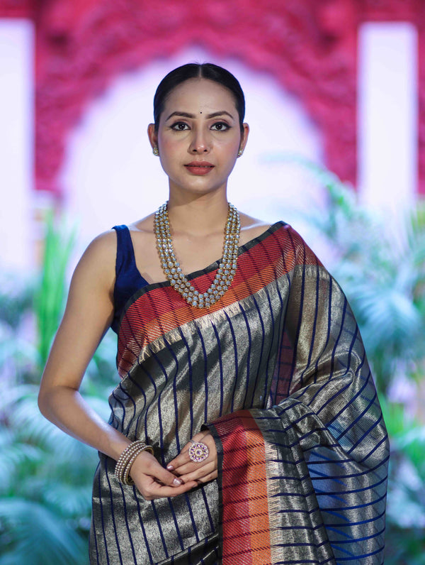 Banarasee Handloom Dual Color Tissue Saree With Stripe Pattern & Contrast Border-Grey & Blue