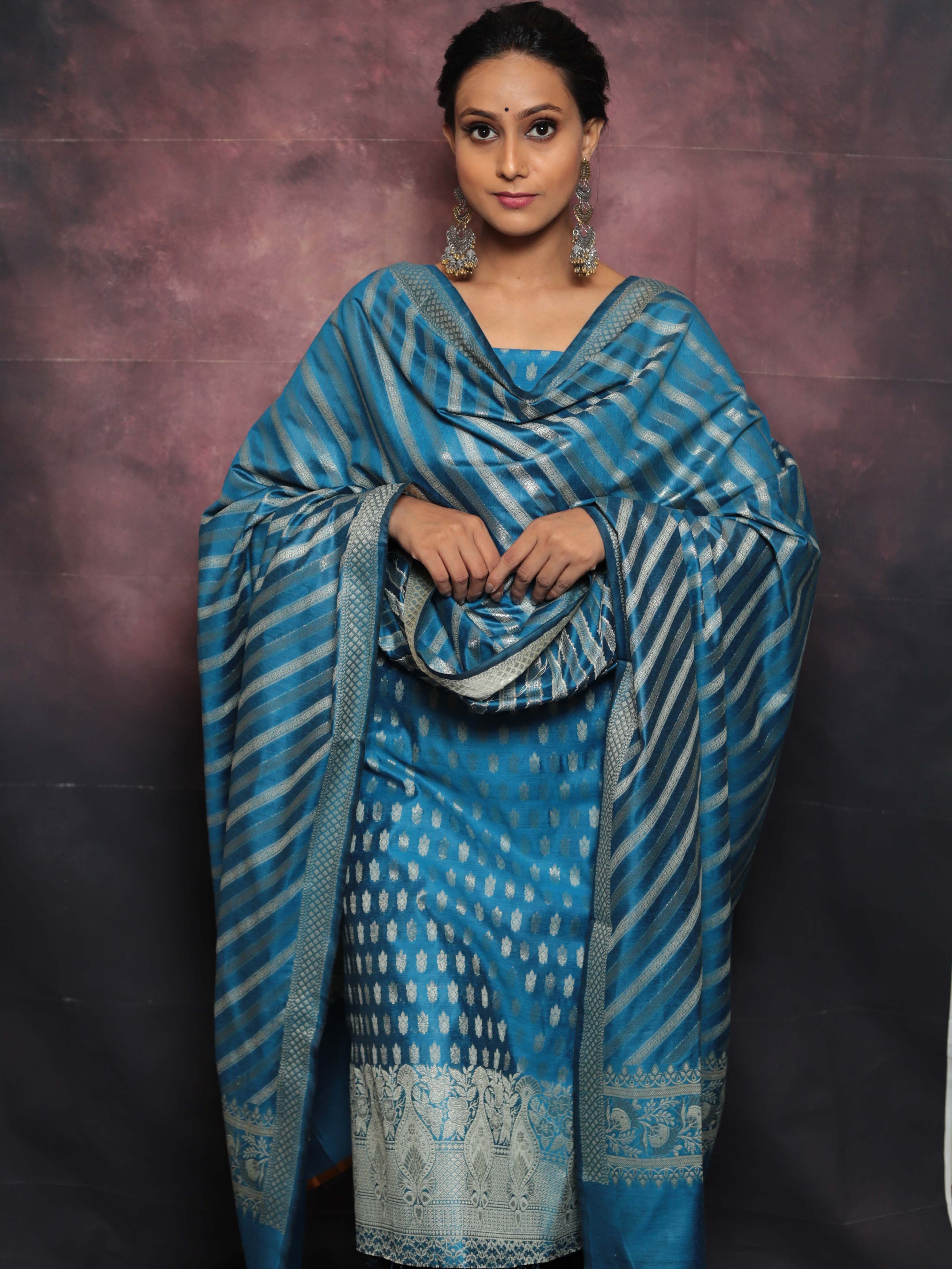 Banarasee Salwar Kameez Cotton Silk Resham & Zari Buti Woven Fabric With Dupatta-Teal Blue