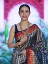 Banarasee Handloom Dual Color Tissue Saree With Stripe Pattern & Contrast Border-Grey & Blue