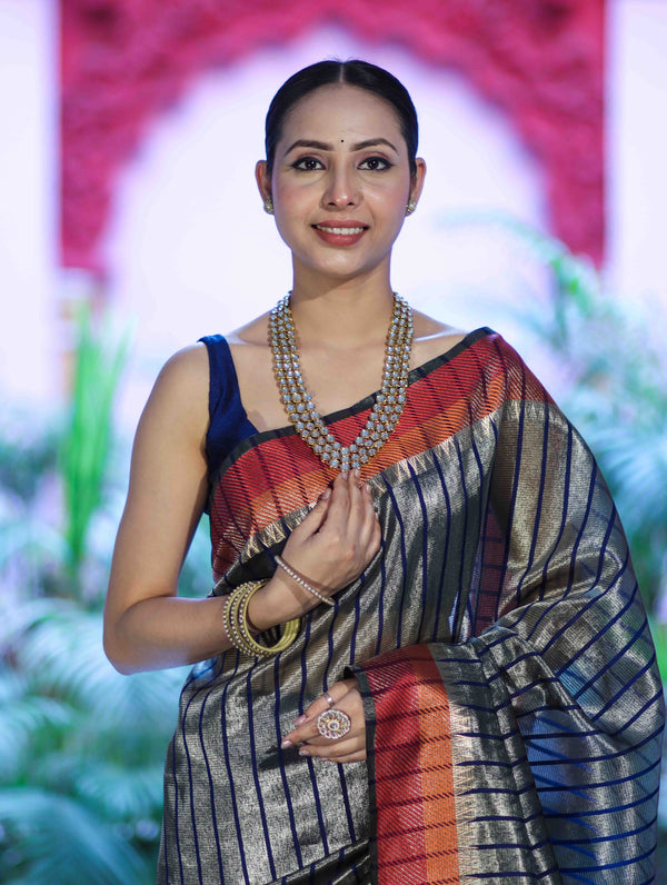 Banarasee Handloom Dual Color Tissue Saree With Stripe Pattern & Contrast Border-Grey & Blue
