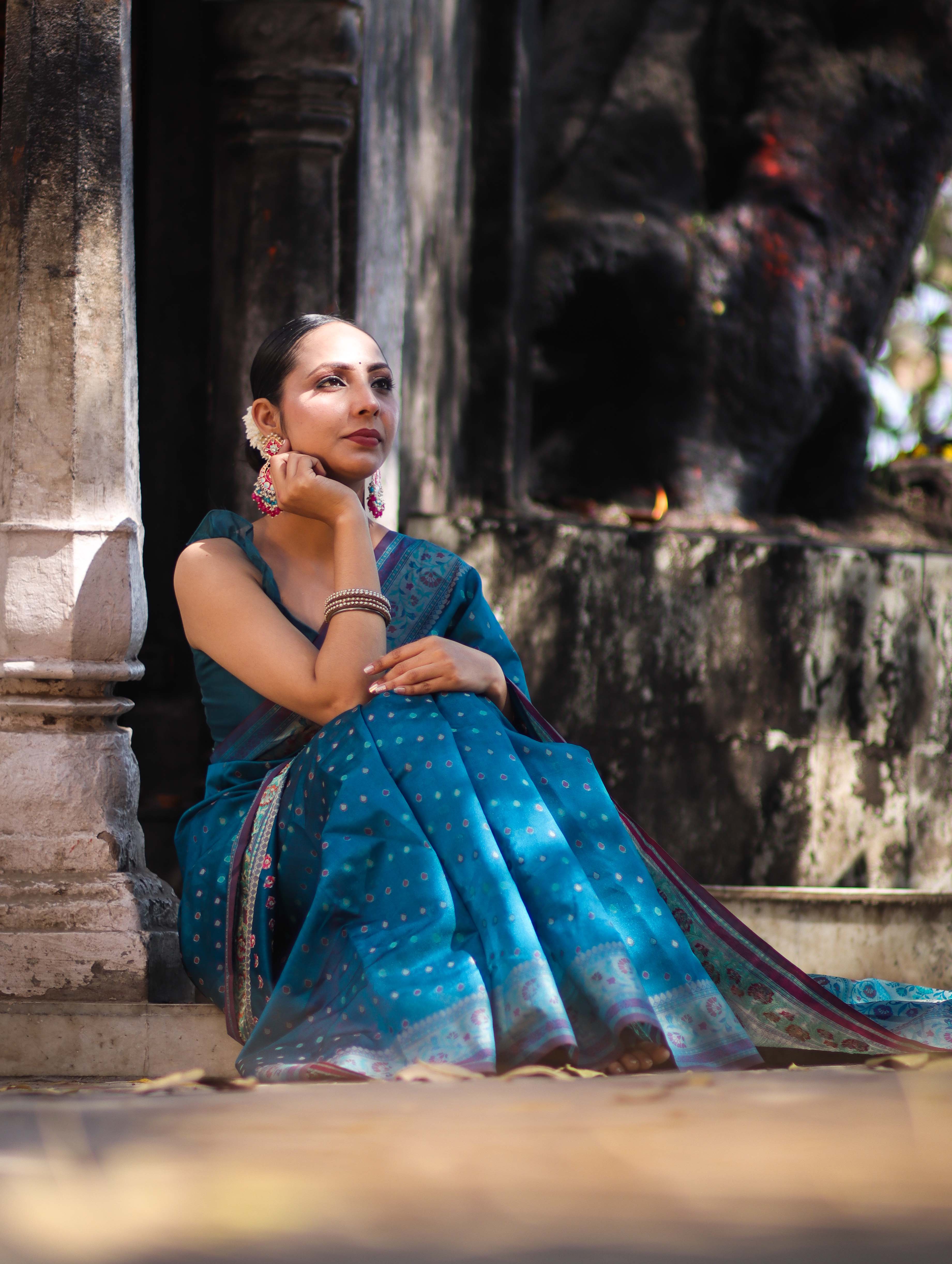 Banarasee Semi Chiffon Saree With Zari Buti Design & Contrast Border-Blue