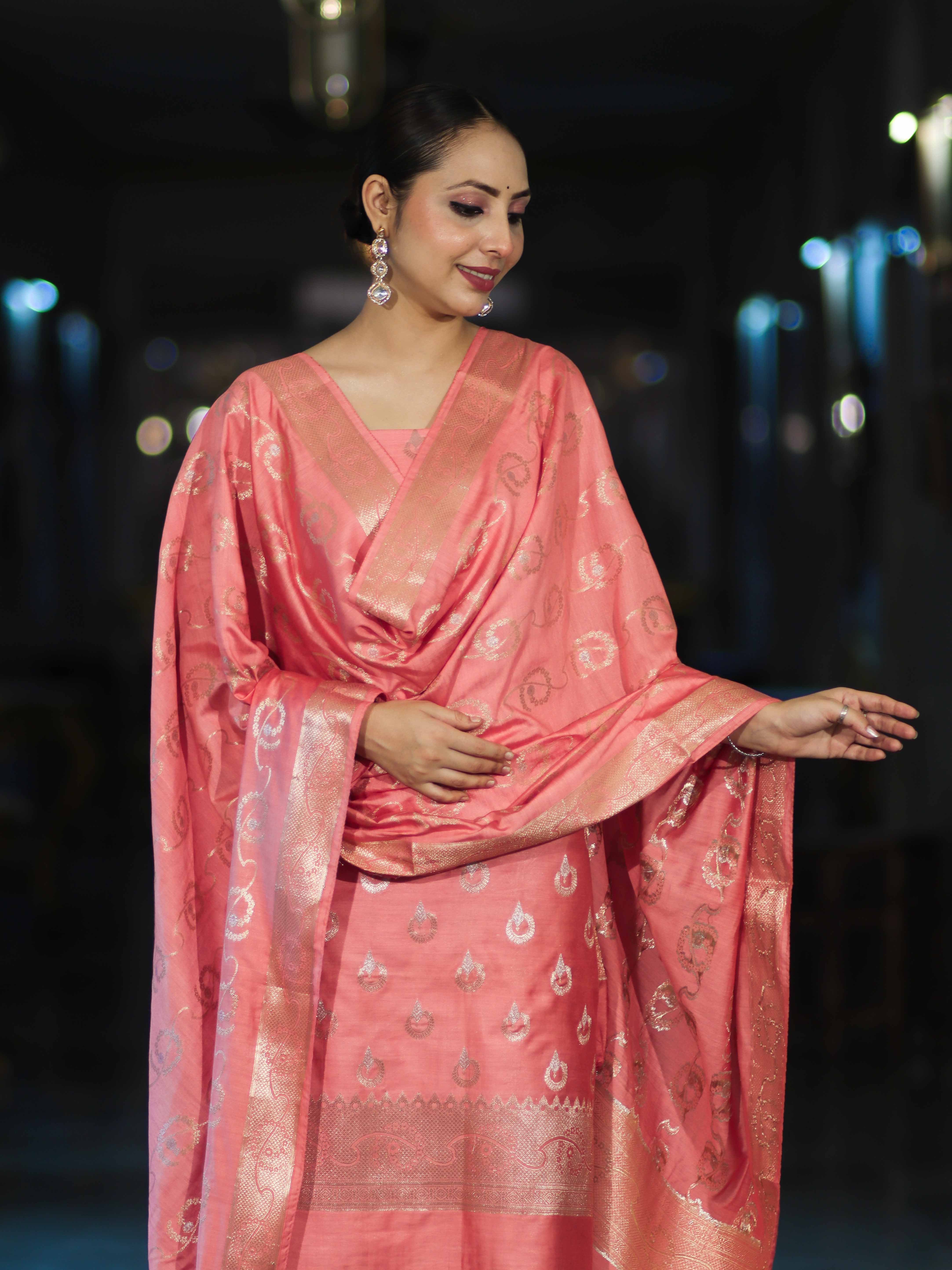 Banarasee Zari Embroidered Chanderi Silk Salwar Kameez With Dupatta Set-Peach