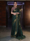 Bhagalpur Handloom Cotton Silk Saree With Gold Zari Stripes & Border-Deep Green