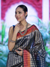 Banarasee Handloom Dual Color Tissue Saree With Stripe Pattern & Contrast Border-Grey & Blue
