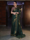 Bhagalpur Handloom Cotton Silk Saree With Gold Zari Stripes & Border-Deep Green