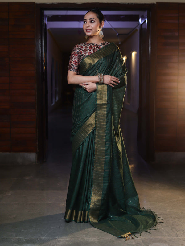 Bhagalpur Handloom Cotton Silk Saree With Gold Zari Stripes & Border-Deep Green