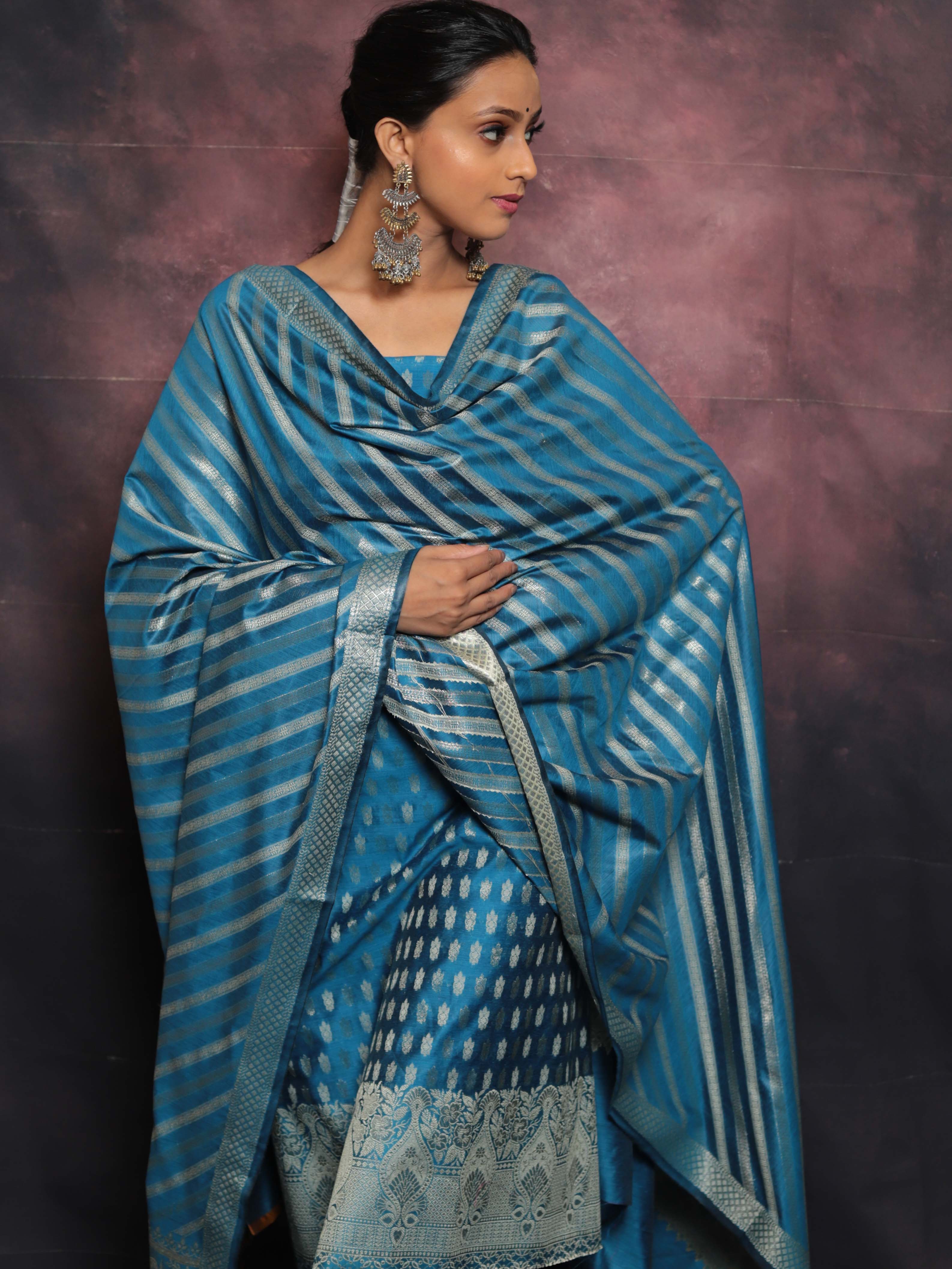 Banarasee Salwar Kameez Cotton Silk Resham & Zari Buti Woven Fabric With Dupatta-Teal Blue