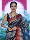 Banarasee Handloom Dual Color Tissue Saree With Stripe Pattern & Contrast Border-Grey & Blue