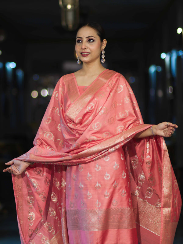 Banarasee Zari Embroidered Chanderi Silk Salwar Kameez With Dupatta Set-Peach