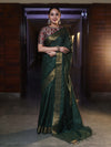 Bhagalpur Handloom Cotton Silk Saree With Gold Zari Stripes & Border-Deep Green