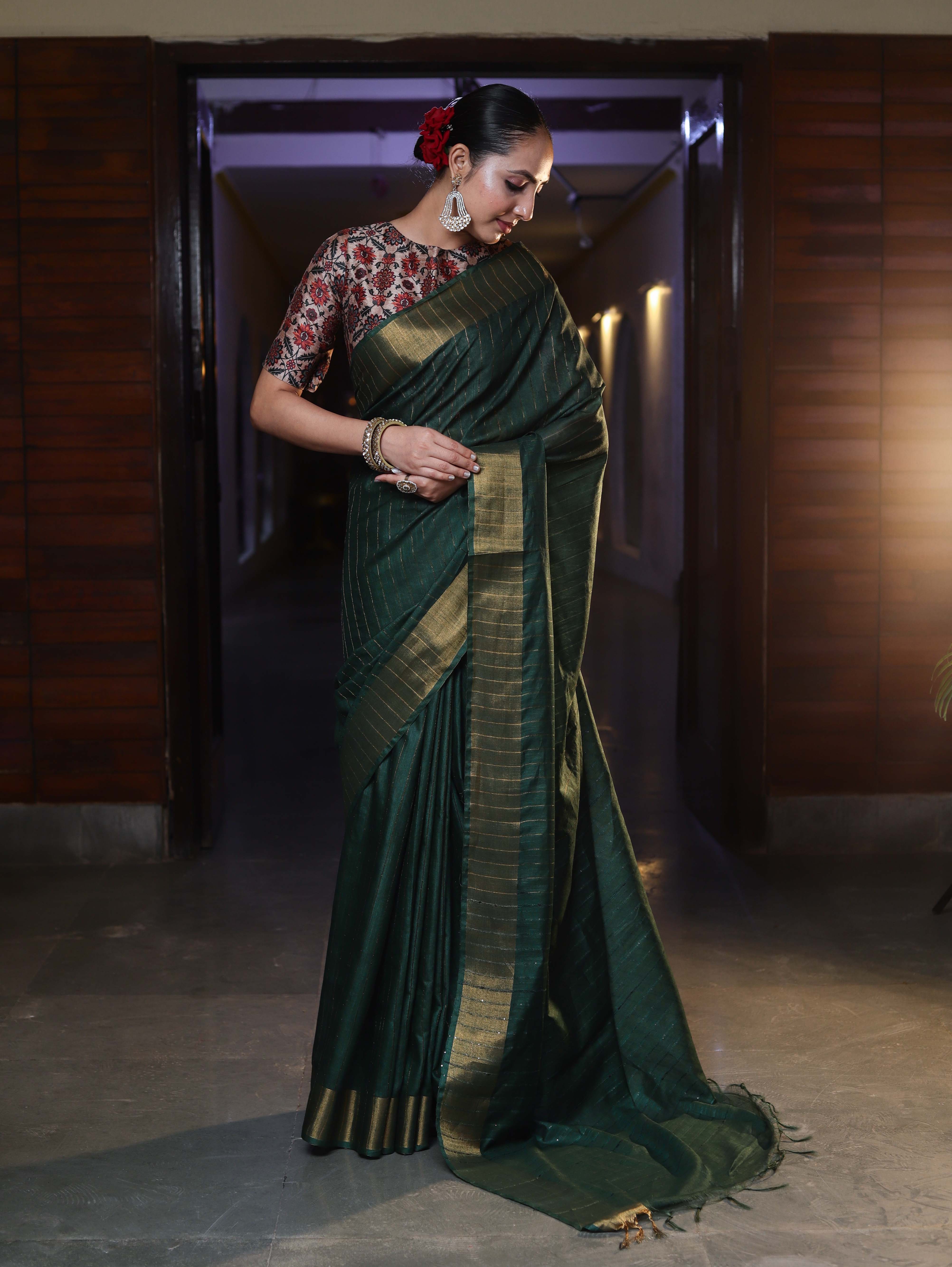Bhagalpur Handloom Cotton Silk Saree With Gold Zari Stripes & Border-Deep Green