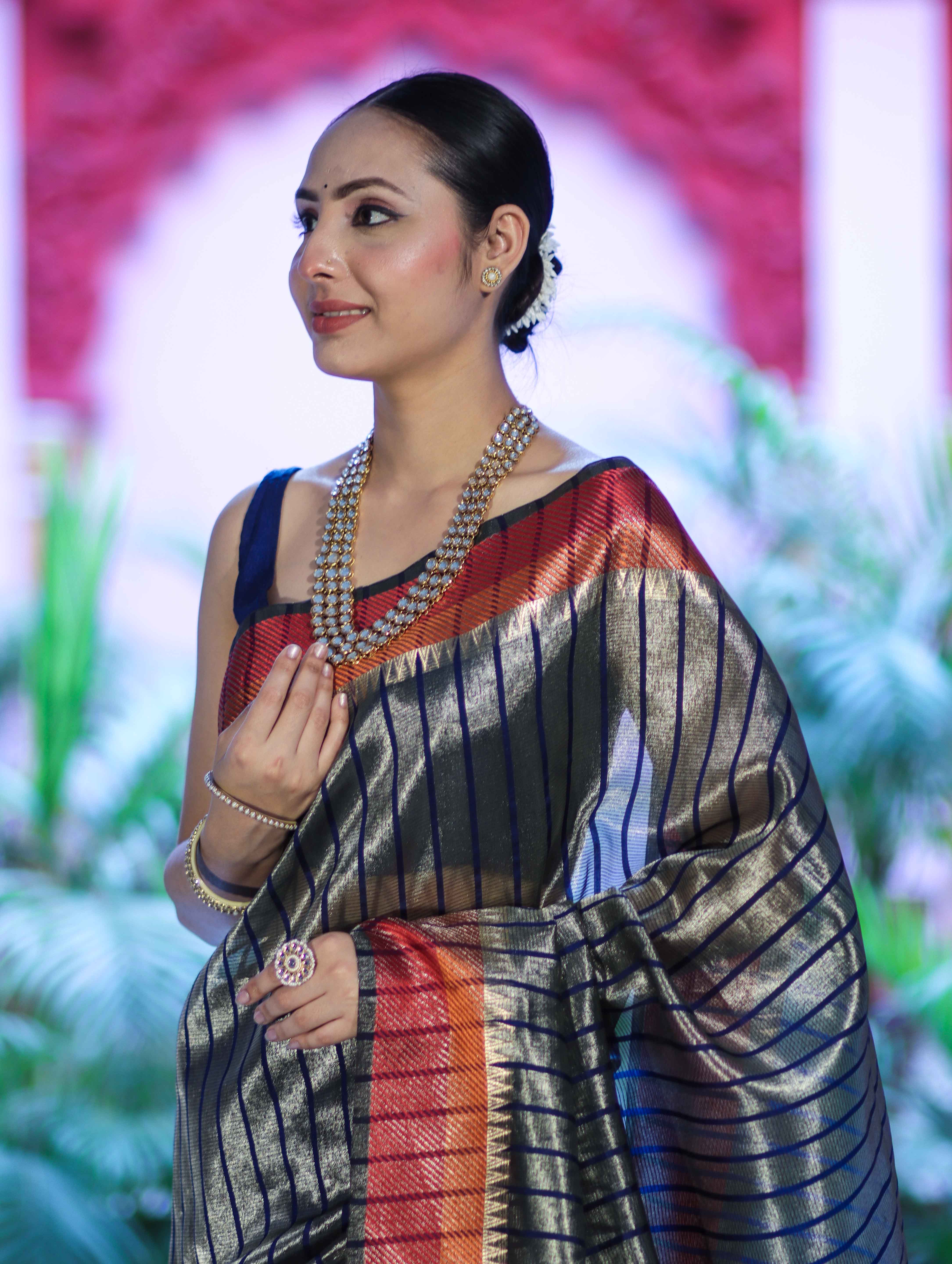 Banarasee Handloom Dual Color Tissue Saree With Stripe Pattern & Contrast Border-Grey & Blue