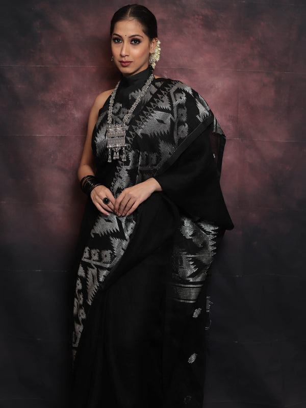Handwoven Pure Linen Saree With Jamdani Weaving-Black