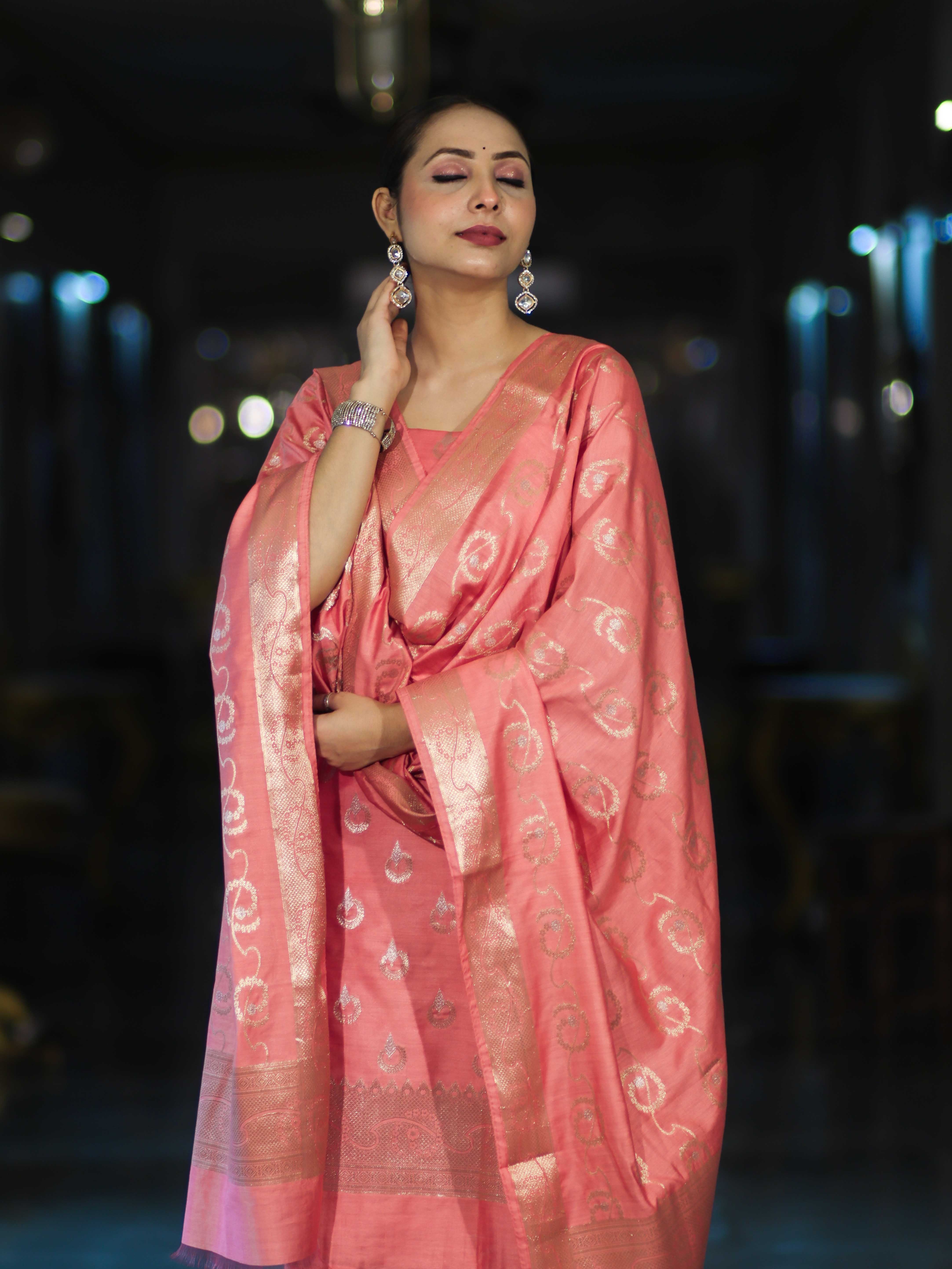 Banarasee Zari Embroidered Chanderi Silk Salwar Kameez With Dupatta Set-Peach