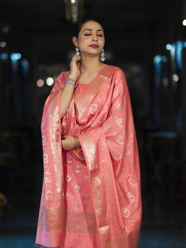 Banarasee Zari Embroidered Chanderi Silk Salwar Kameez With Dupatta Set-Peach