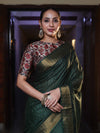 Bhagalpur Handloom Cotton Silk Saree With Gold Zari Stripes & Border-Deep Green