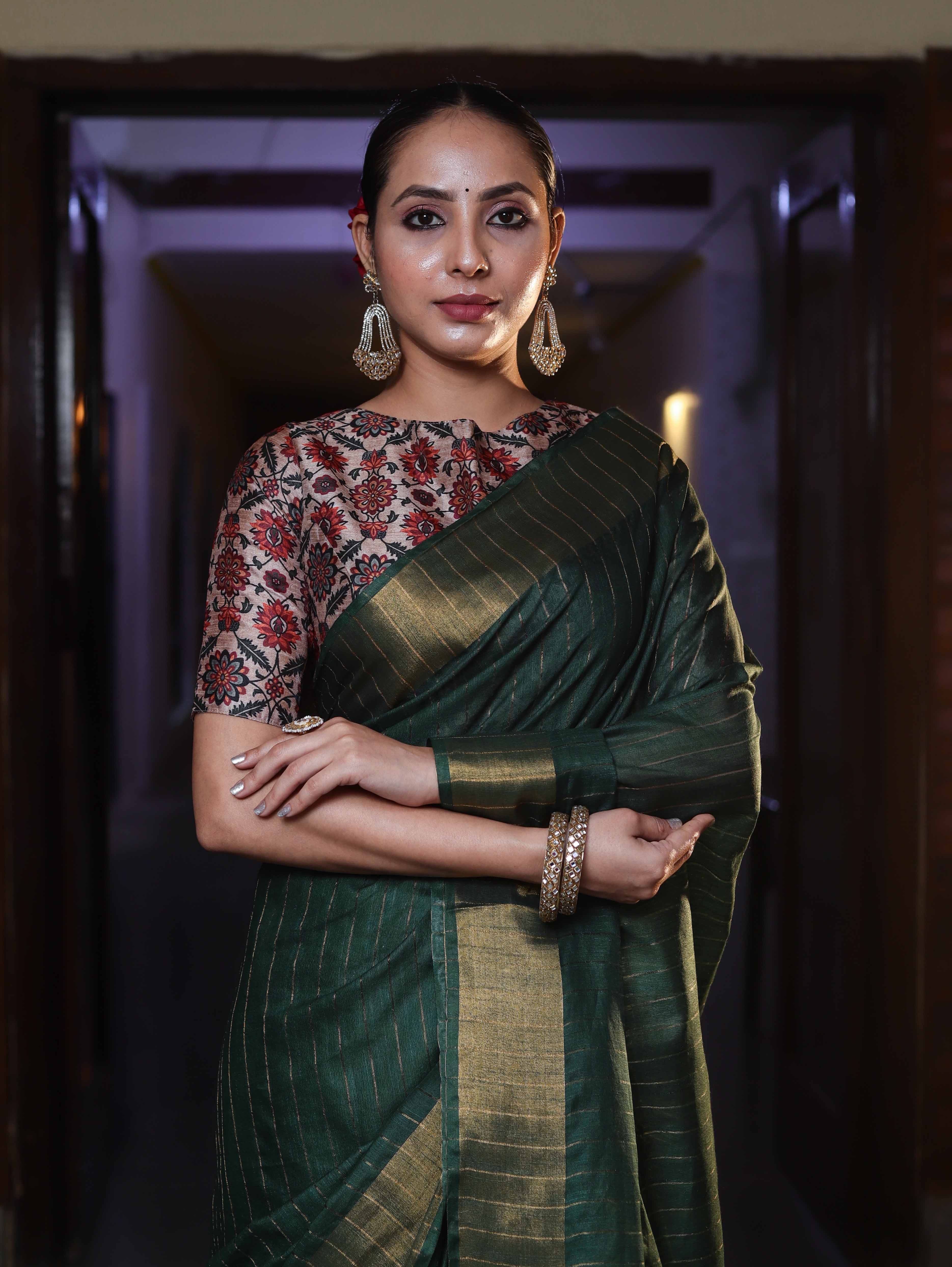 Bhagalpur Handloom Cotton Silk Saree With Gold Zari Stripes & Border-Deep Green