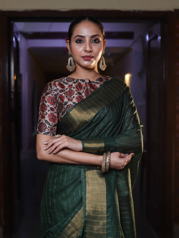 Bhagalpur Handloom Cotton Silk Saree With Gold Zari Stripes & Border-Deep Green