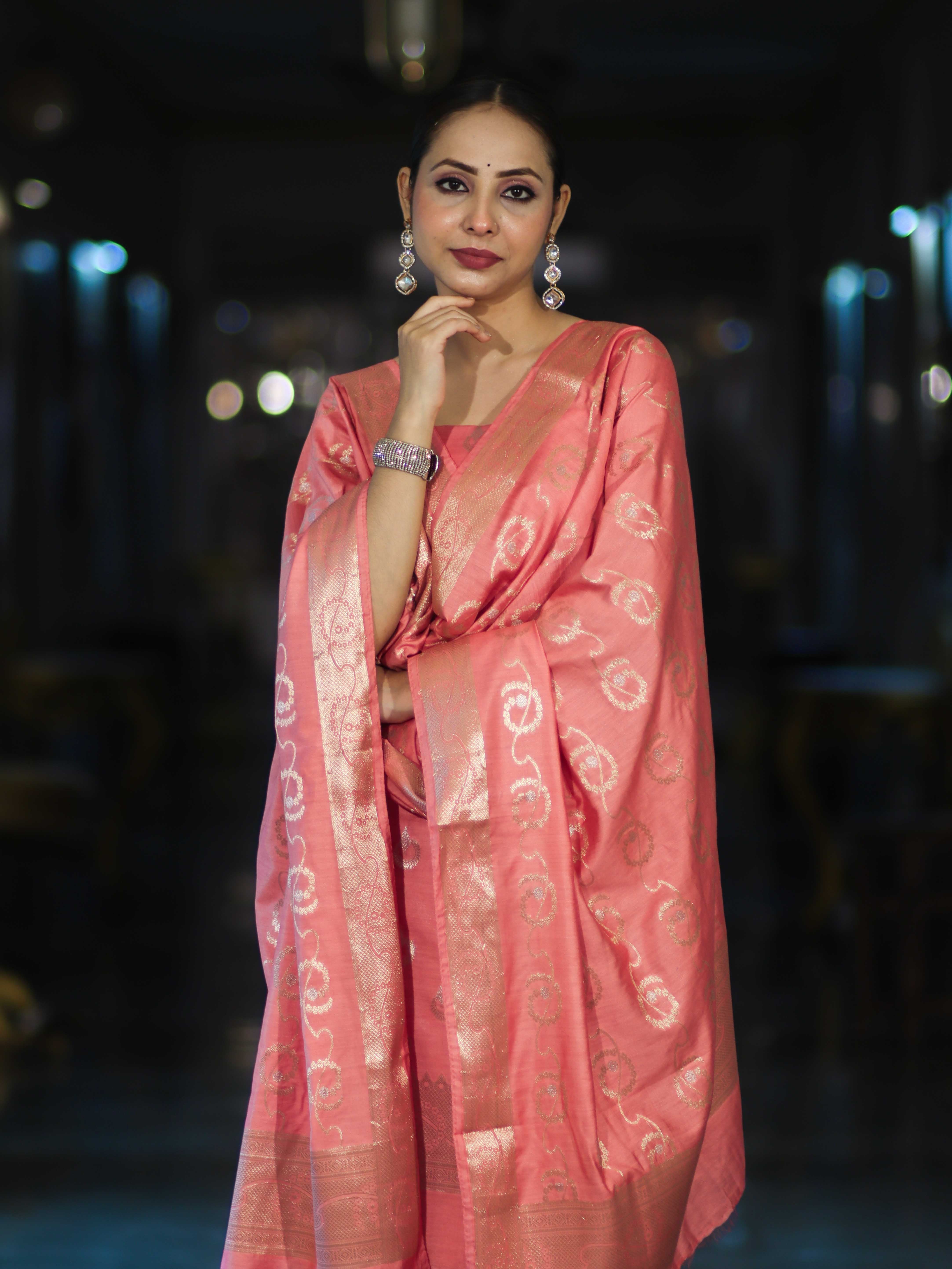 Banarasee Zari Embroidered Chanderi Silk Salwar Kameez With Dupatta Set-Peach