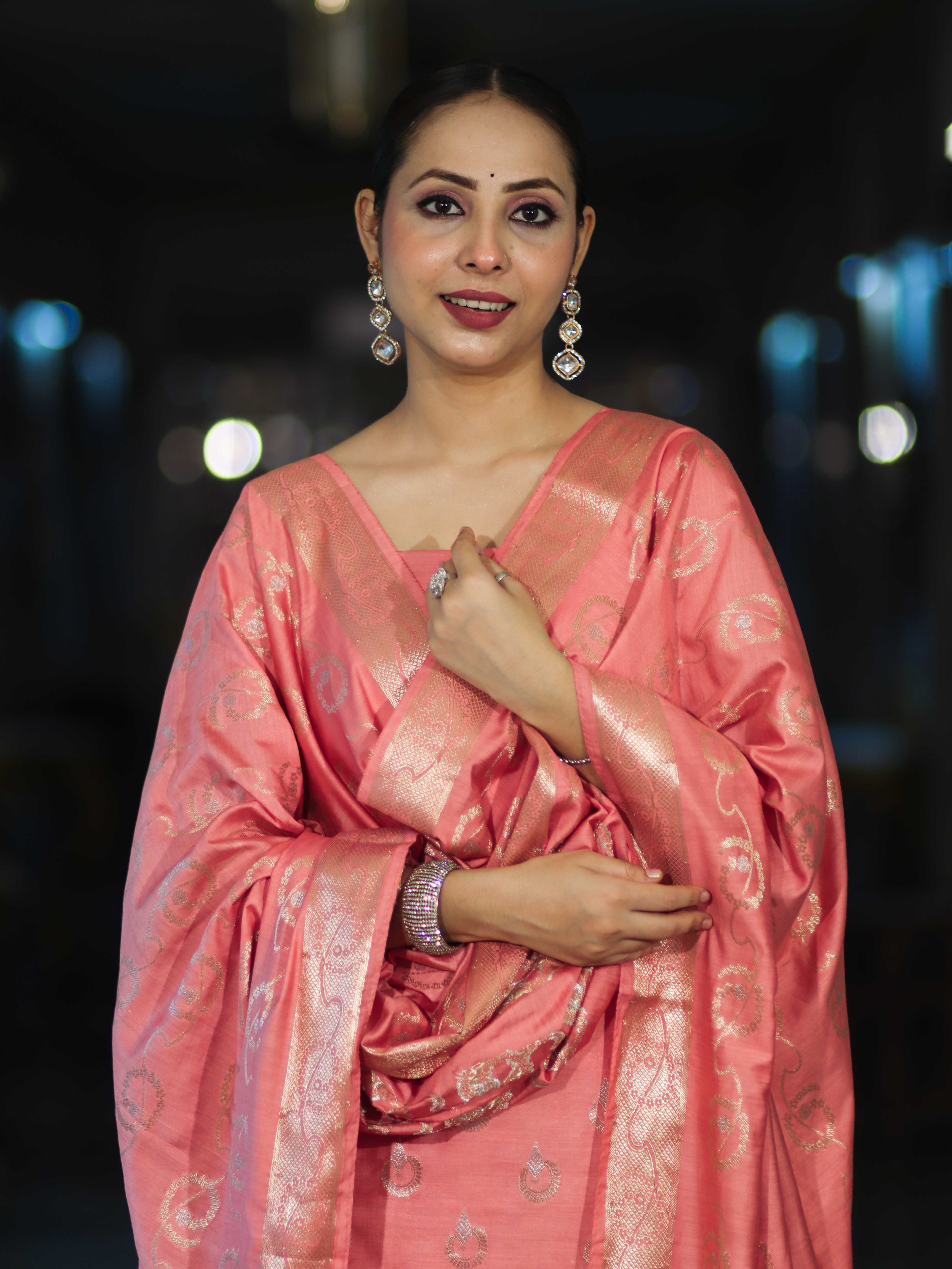 Banarasee Zari Embroidered Chanderi Silk Salwar Kameez With Dupatta Set-Peach