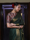 Bhagalpur Handloom Cotton Silk Saree With Gold Zari Stripes & Border-Deep Green