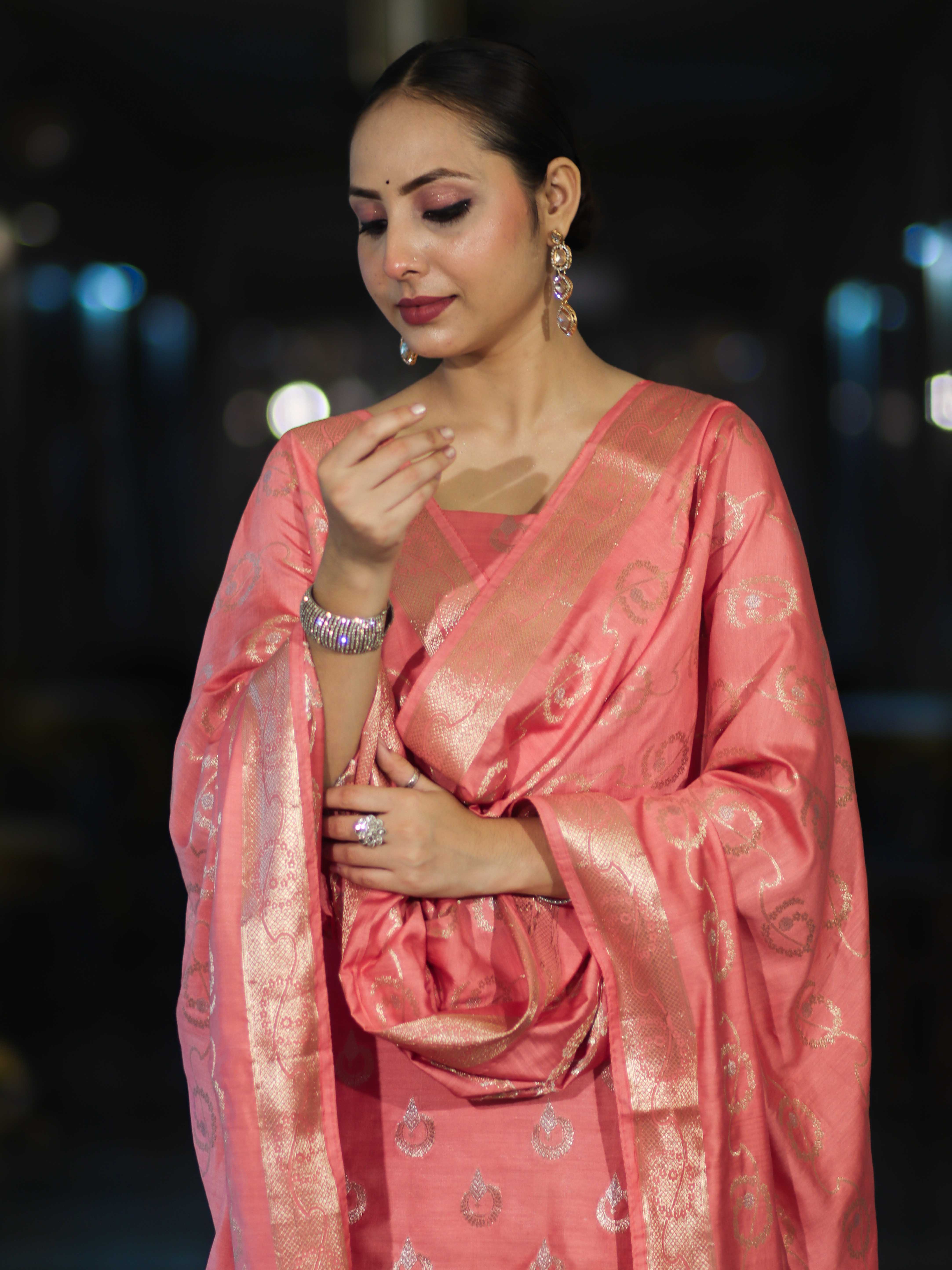 Banarasee Zari Embroidered Chanderi Silk Salwar Kameez With Dupatta Set-Peach
