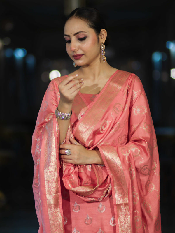 Banarasee Zari Embroidered Chanderi Silk Salwar Kameez With Dupatta Set-Peach