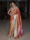 Banarasee Handwoven Tissue Saree With Zari Buti Design & Lace-Coral Orange