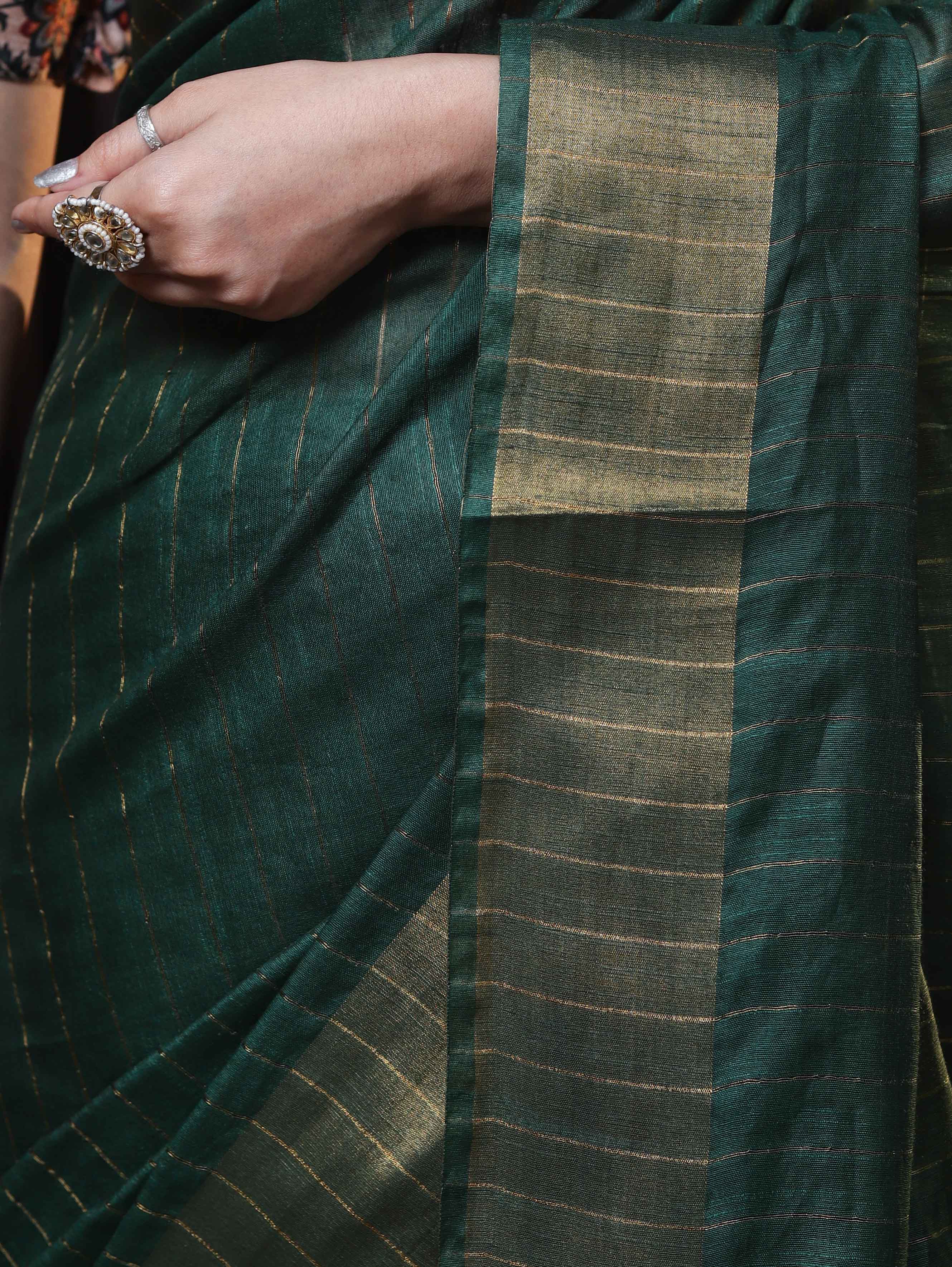 Bhagalpur Handloom Cotton Silk Saree With Gold Zari Stripes & Border-Deep Green