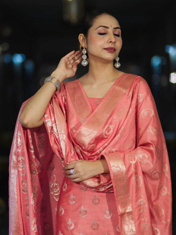Banarasee Zari Embroidered Chanderi Silk Salwar Kameez With Dupatta Set-Peach