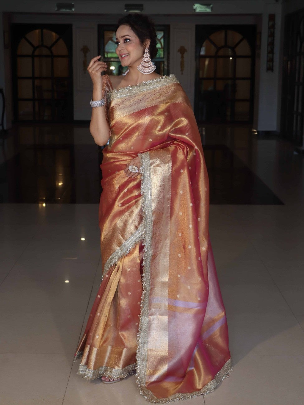 Banarasee Handwoven Tissue Saree With Zari Buti Design & Lace-Coral Orange