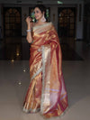 Banarasee Handwoven Tissue Saree With Zari Buti Design & Lace-Coral Orange