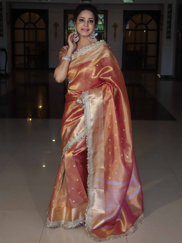 Banarasee Handwoven Tissue Saree With Zari Buti Design & Lace-Coral Orange
