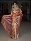 Banarasee Handwoven Tissue Saree With Zari Buti Design & Lace-Coral Orange