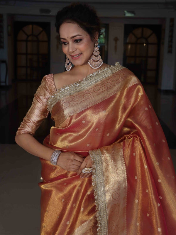 Banarasee Handwoven Tissue Saree With Zari Buti Design & Lace-Coral Orange