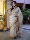 Bhagalpur Handloom Pure Linen Saree With Zari Checks Design-Off White & Black