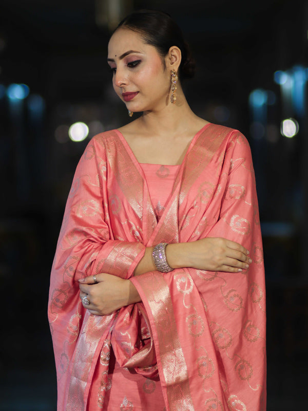 Banarasee Zari Embroidered Chanderi Silk Salwar Kameez With Dupatta Set-Peach