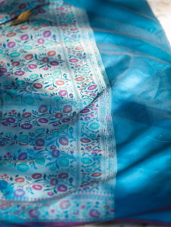Banarasee Semi Chiffon Saree With Zari Buti Design & Contrast Border-Blue