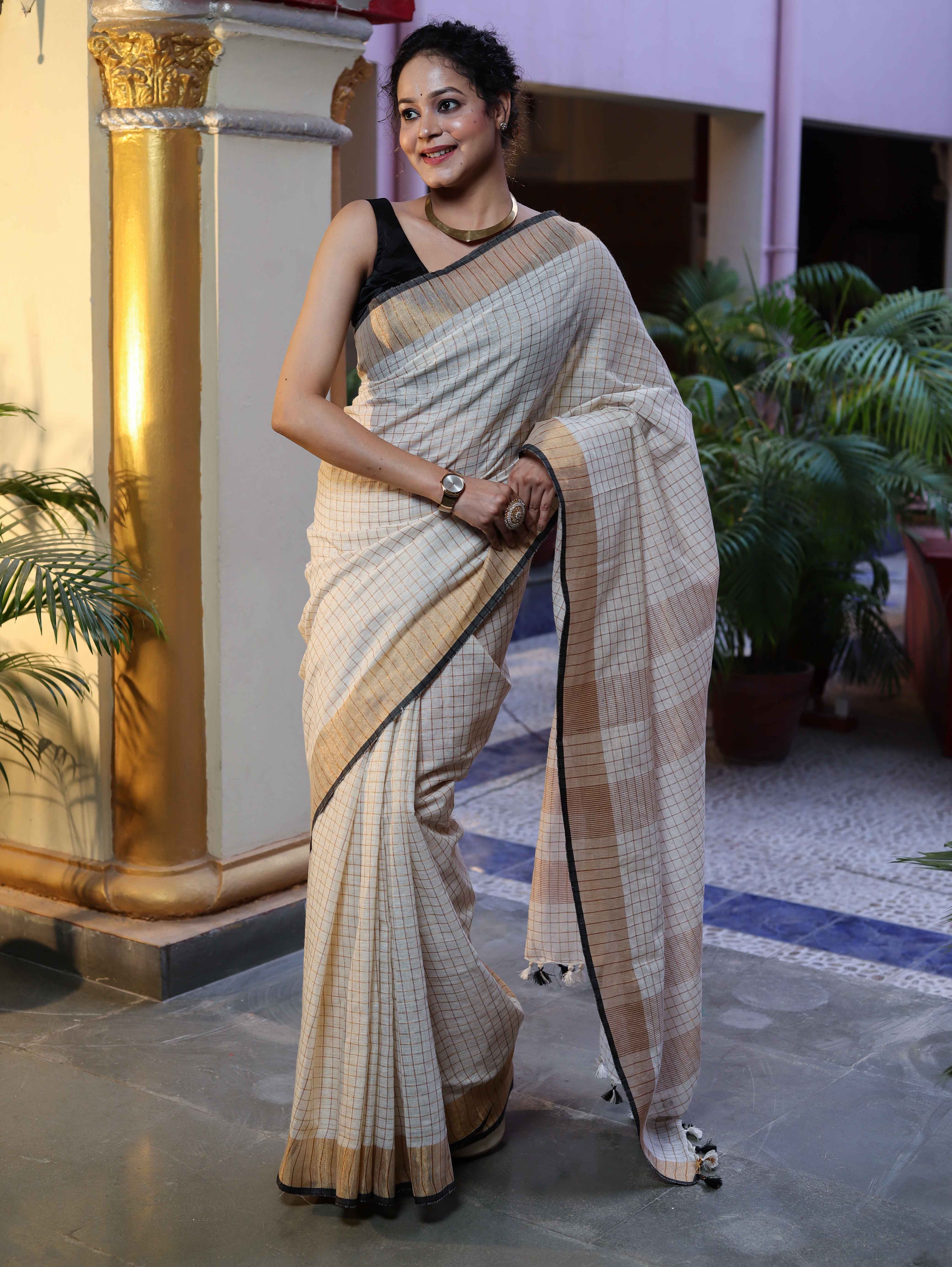 Bhagalpur Handloom Pure Linen Saree With Zari Checks Design-Off White & Black