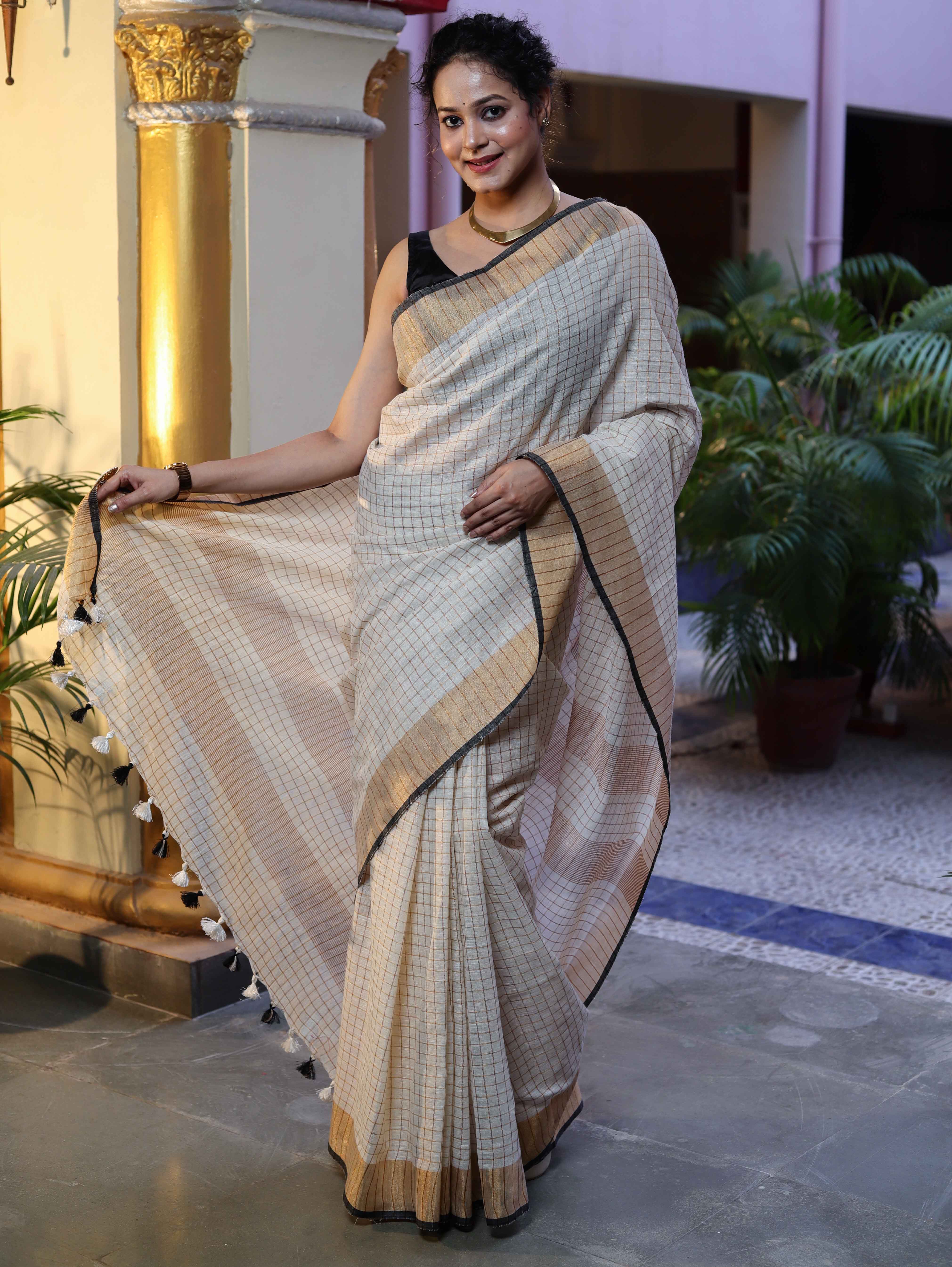 Bhagalpur Handloom Pure Linen Saree With Zari Checks Design-Off White & Black