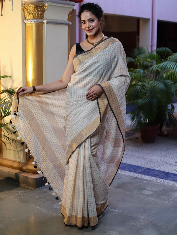 Bhagalpur Handloom Pure Linen Saree With Zari Checks Design-Off White & Black