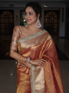 Banarasee Handwoven Tissue Saree With Zari Buti Design & Lace-Coral Orange