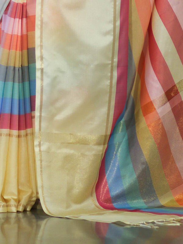 Banarasee Handloom Semi Silk Saree With Stripes Design-Multicolor