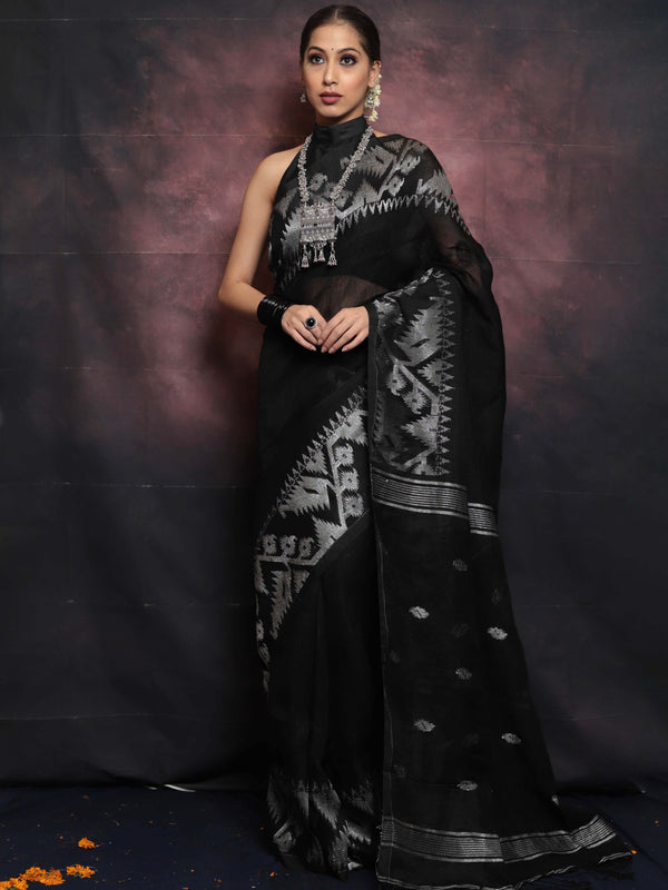 Handwoven Pure Linen Saree With Jamdani Weaving-Black