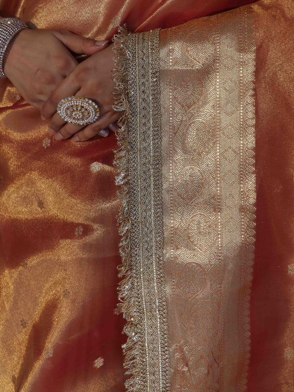 Banarasee Handwoven Tissue Saree With Zari Buti Design & Lace-Coral Orange