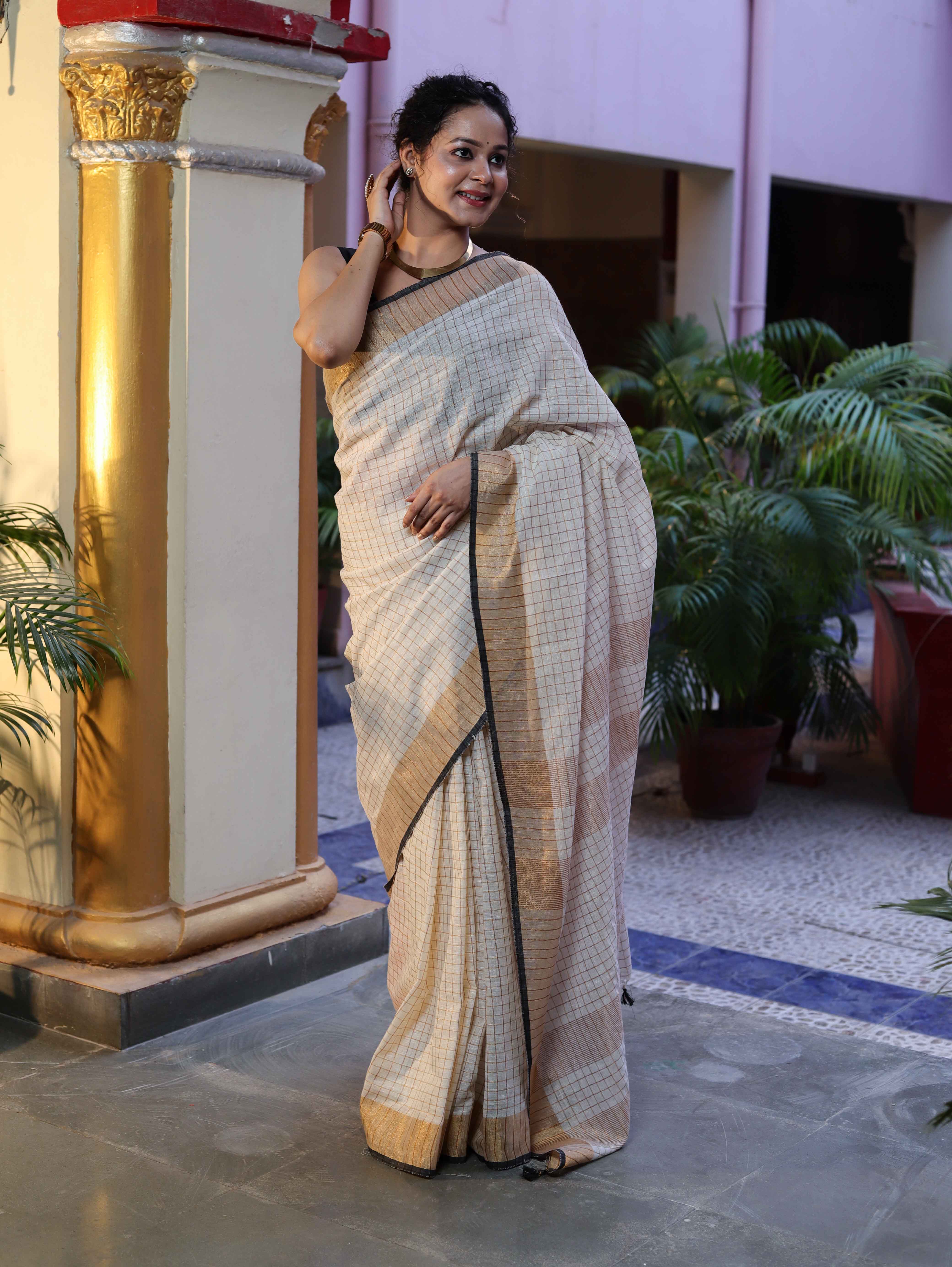 Bhagalpur Handloom Pure Linen Saree With Zari Checks Design-Off White & Black