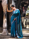 Banarasee Semi Chiffon Saree With Zari Buti Design & Contrast Border-Blue
