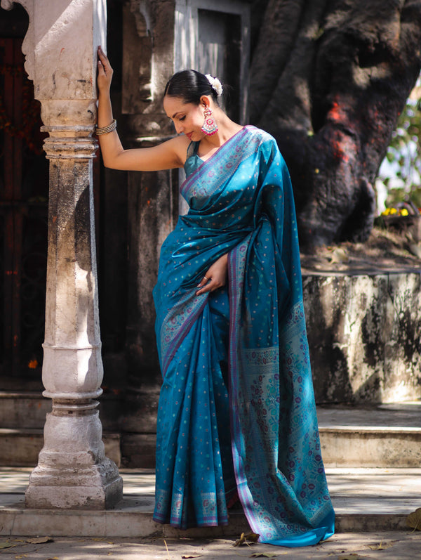 Banarasee Semi Chiffon Saree With Zari Buti Design & Contrast Border-Blue