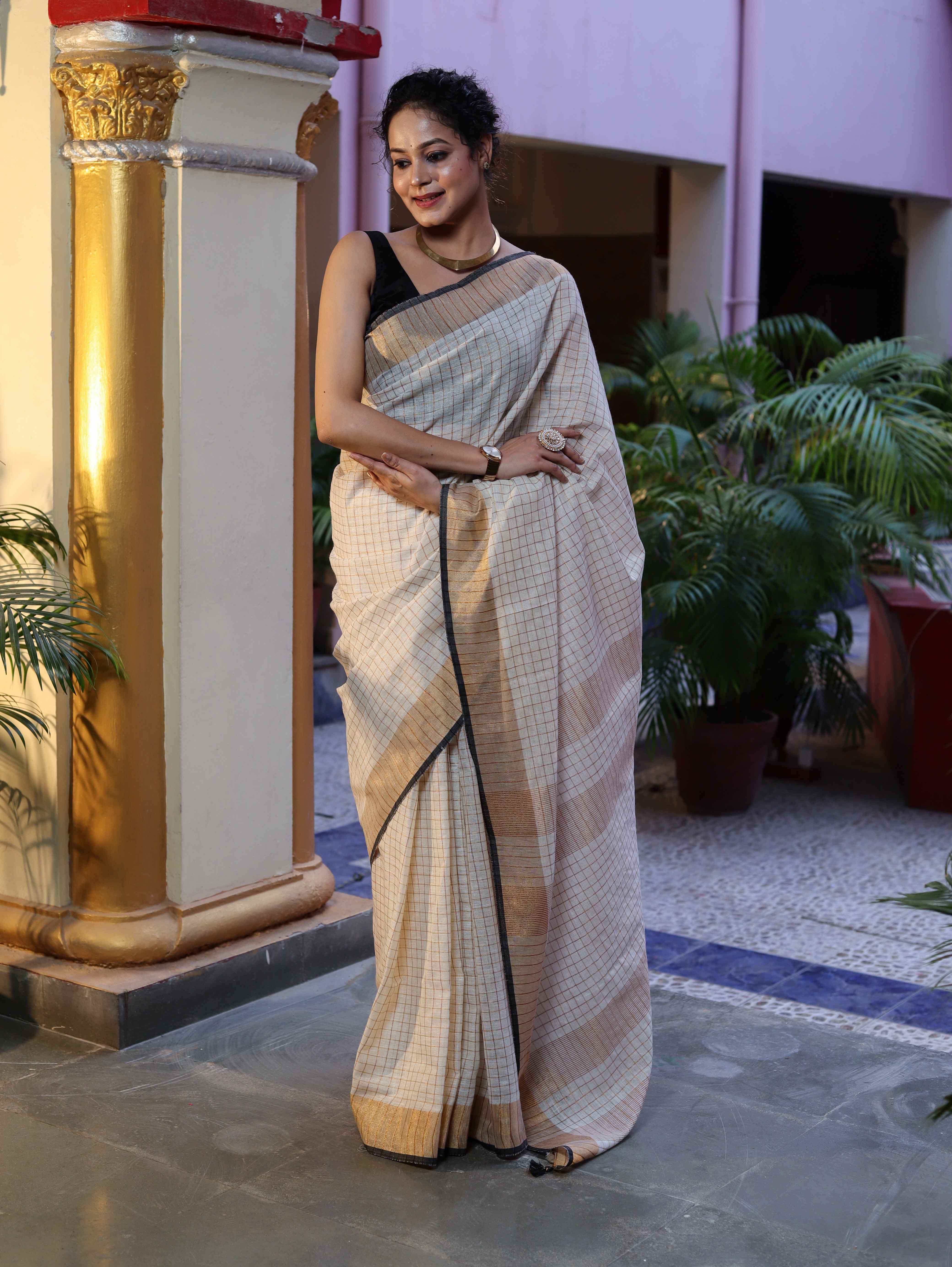 Bhagalpur Handloom Pure Linen Saree With Zari Checks Design-Off White & Black
