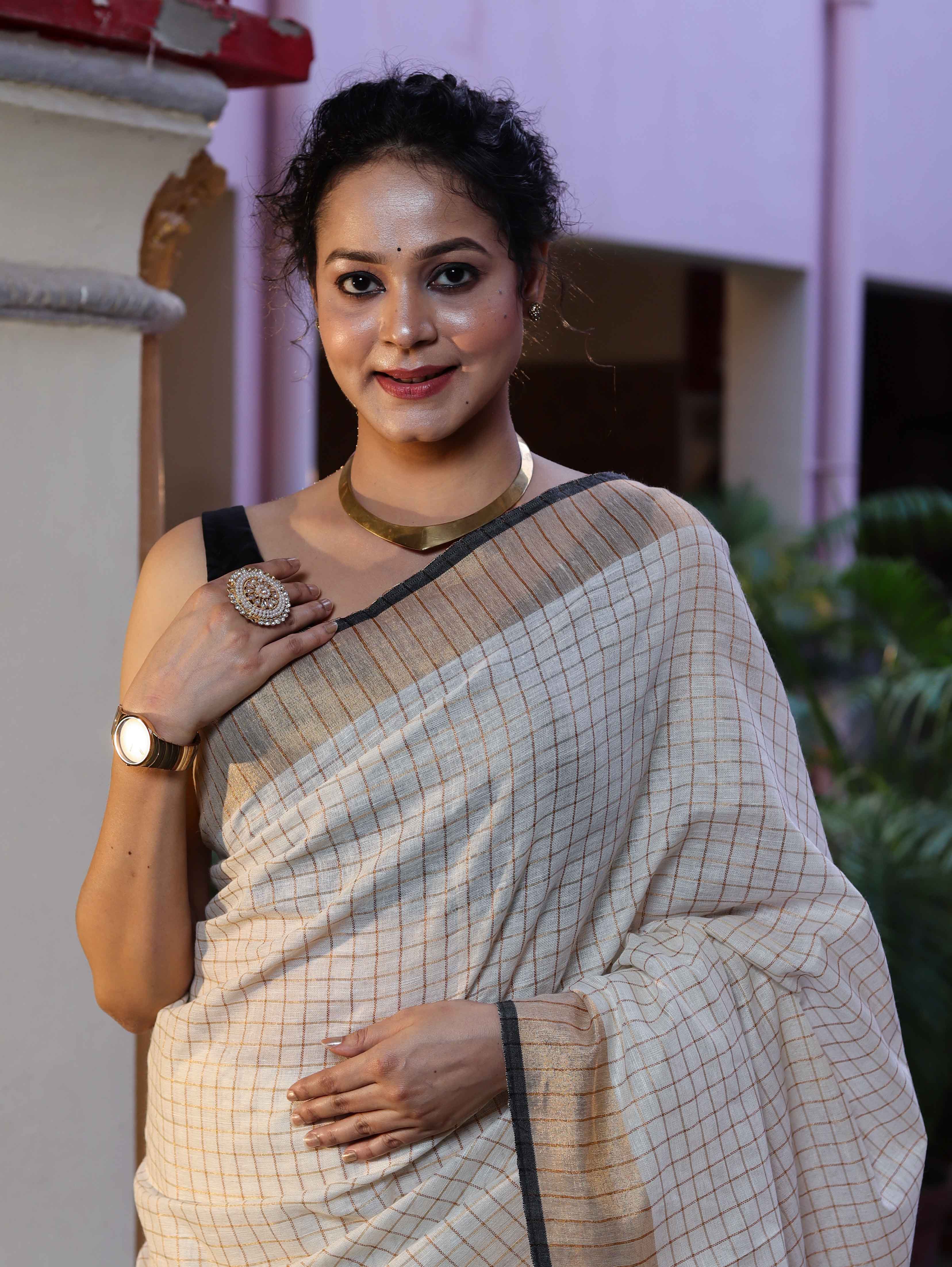 Bhagalpur Handloom Pure Linen Saree With Zari Checks Design-Off White & Black